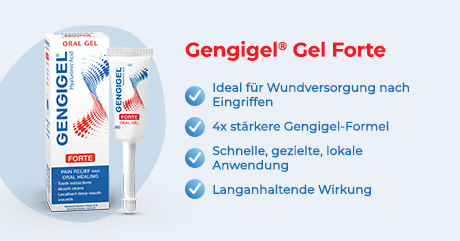 Gengigel® Gel forte-Verpackung und Tube. Ideal für Wundversorgung, 4x stärker, schnelle Anwendung, langanhaltende Wirkung.